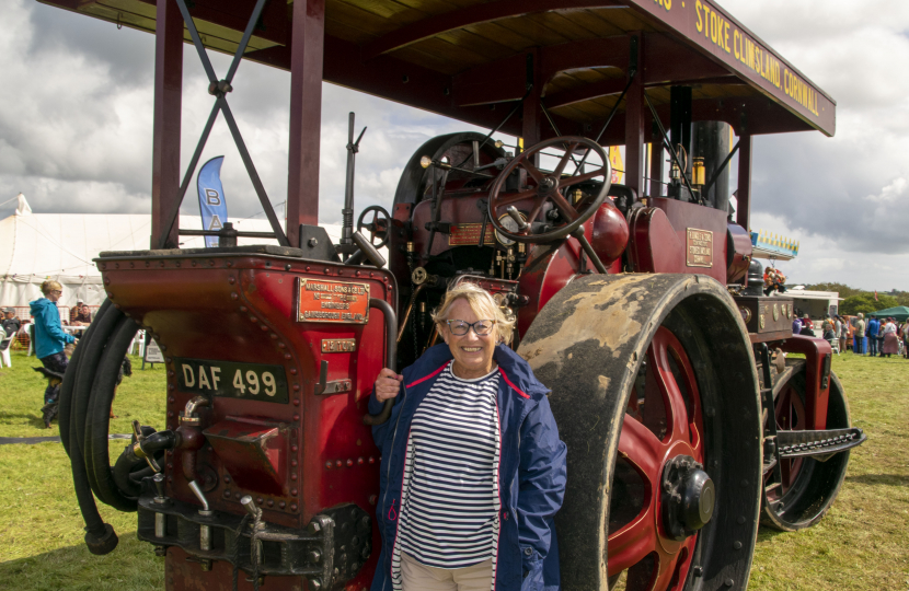 Sheryll Murray MP with the steam roller 'Toby' at the Great Trethew Vintage Rally