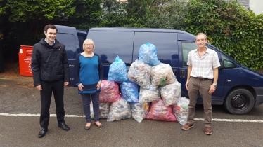 L2R – Sheryll’s Caseworker Nick Craker, Sheryll Murray MP and Robert Arnold with the plastic bottles Mr Arnold had collected.
